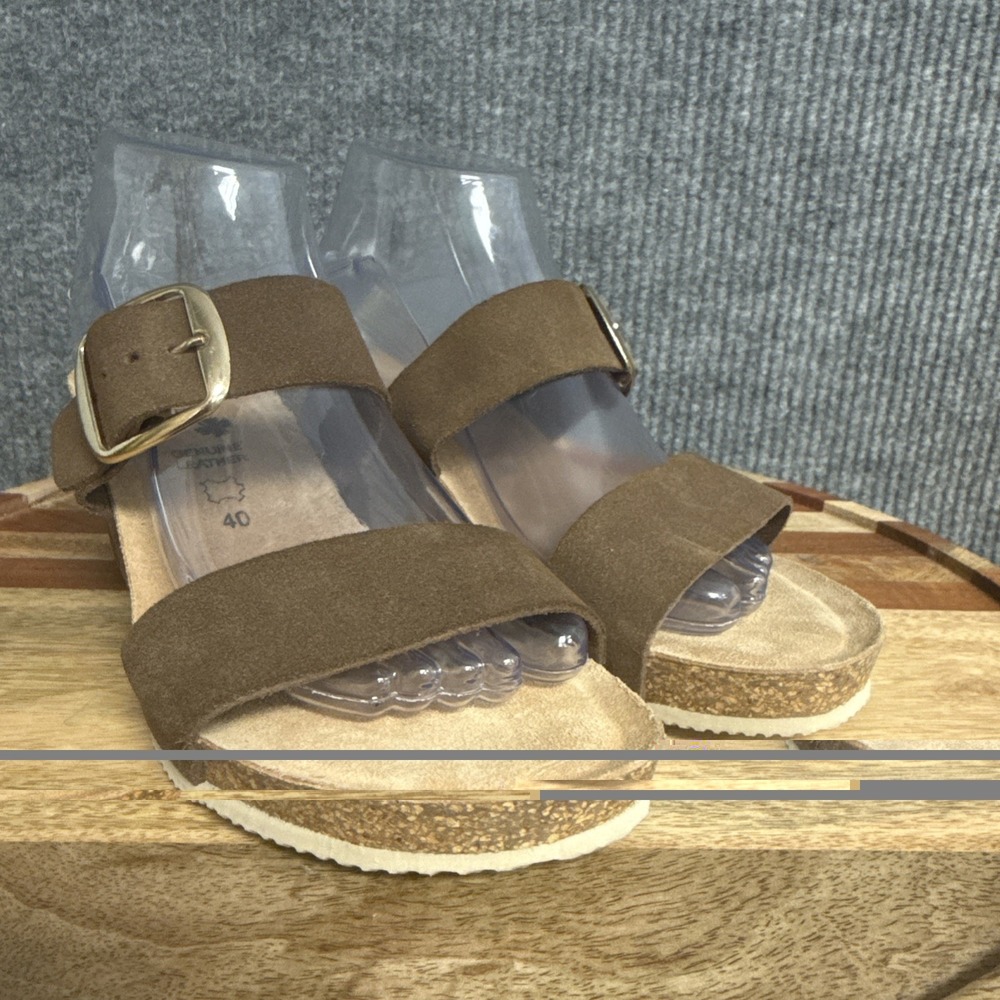 Bio Green Spain Wedge Slide Sandals Sz 40 Brown Leather Dual Suede Buckle Straps